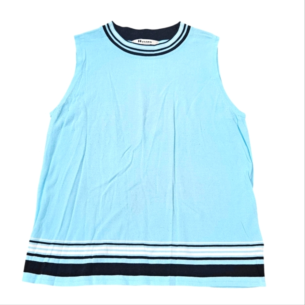 Nygard Collection Blue Sleeveless Top with Striped Trim,Large